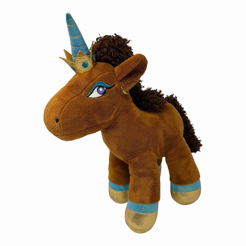 Afro Unicorn Plush Stuffed Animal Brown Gold Blue‎ Crown Horn Earring Toy